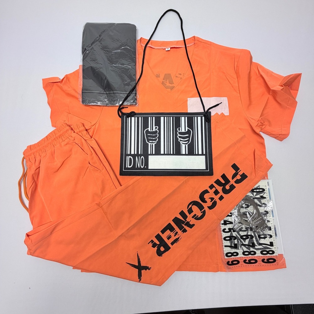 Orange State Prison Inmate Costume Set with ID Card and Handcuffs Size M